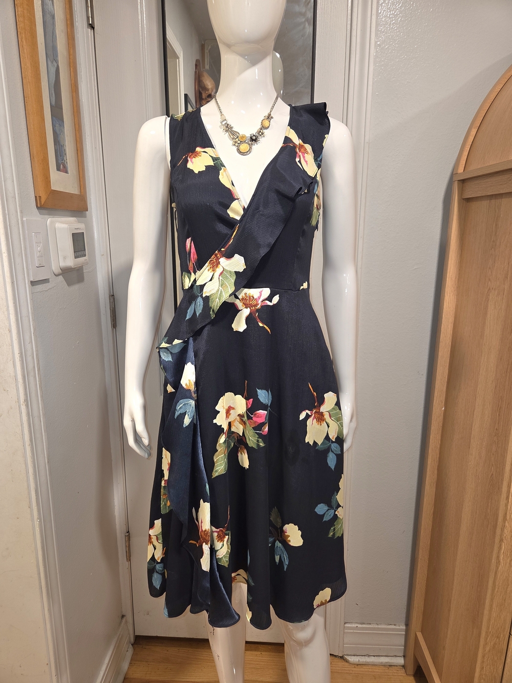 RACHEL Rachel Roy Elegant Navy Floral Wrap Midi Dress Sz XS